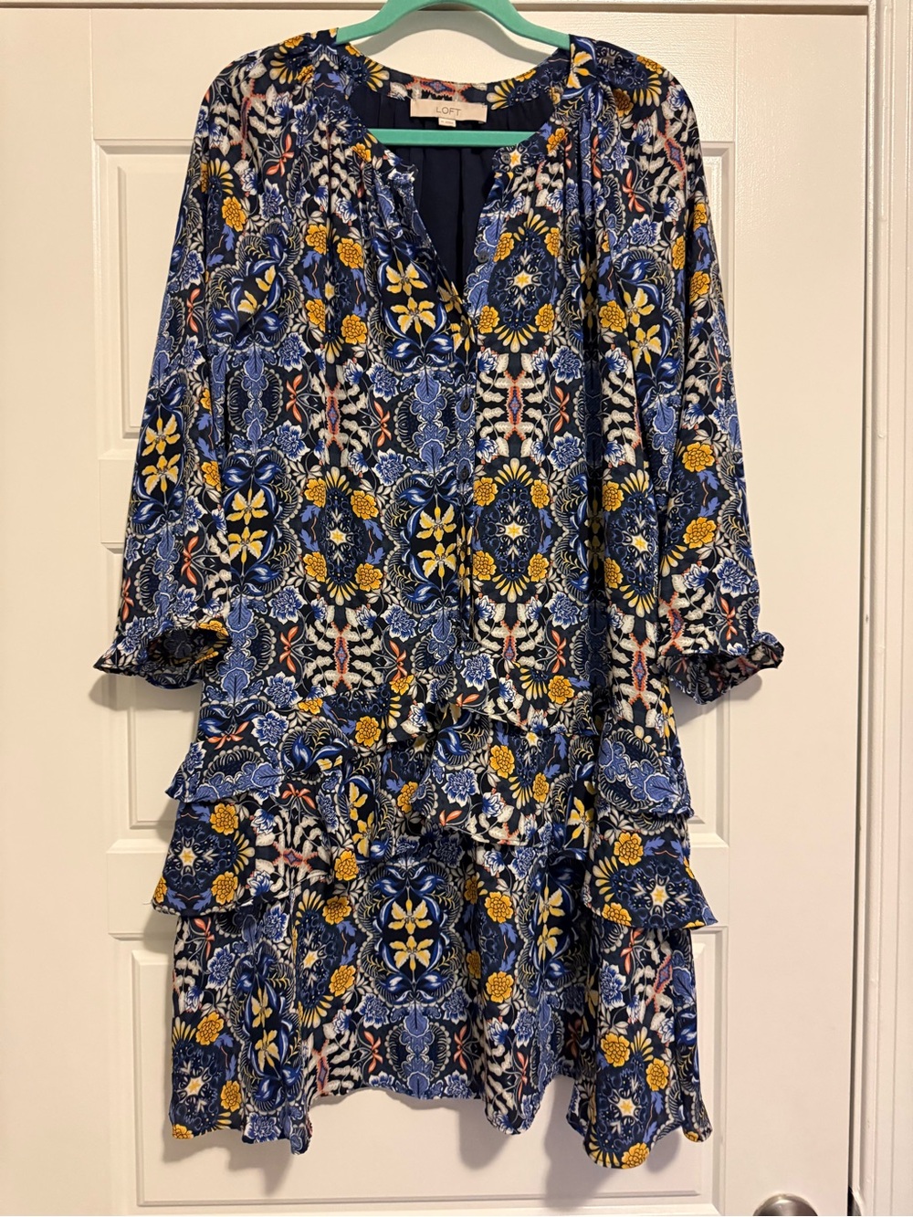 LOFT Floral Tiered Ruffle Dress Size Medium Navy Blue Boho